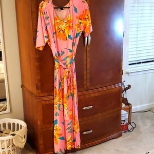 Ashley Stewart maxi front tie pink multi dress.